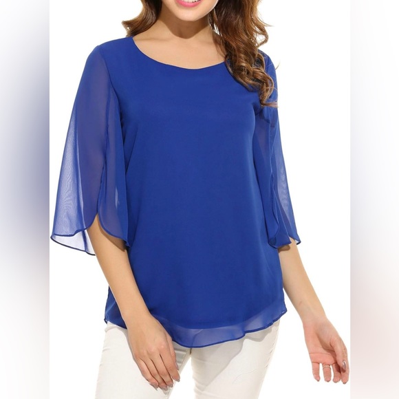 Royal Blue Casual ChiffonTop Scoop Neck 3/4 Sleeve Double Layer, Like New - Picture 2 of 10